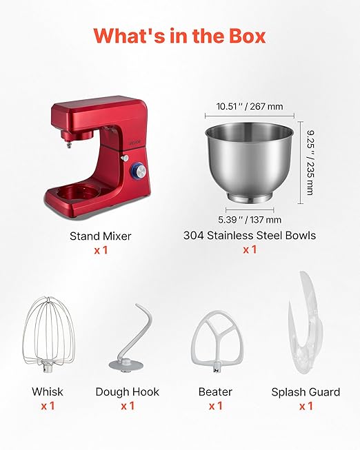VEVOR Stand Mixer, 10.3 QT Electric Kitchen Mixer, 660W Dough-Mixer, 6 + Pulse Speeds Tilt-head Food-Mixer with Stainless Steel Bowl, Dough Hook, Whisk, Beater, for Baking, Mixing, Whipping & Kneading