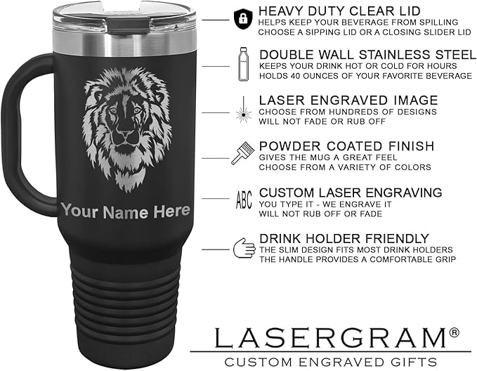 LaserGram 40oz Vacuum Insulated Travel Mug with Handle, Tiki Statue, Personalized Engraving Included (Black)