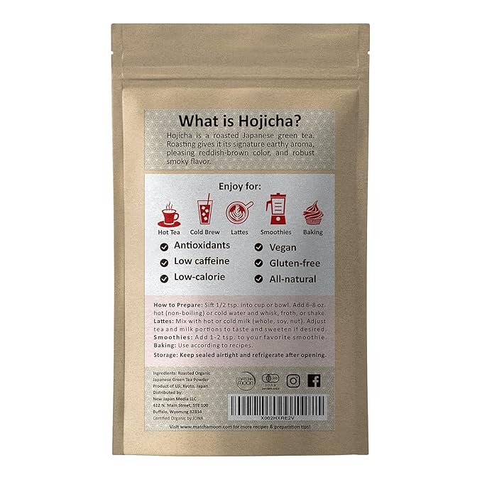 Matcha Moon Hojicha Powder Organic - Roasted Matcha Green Tea - Japanese Origin - Unsweetened, Low Caffeine - Uji Kyoto Japan - 100g Resealable Bag