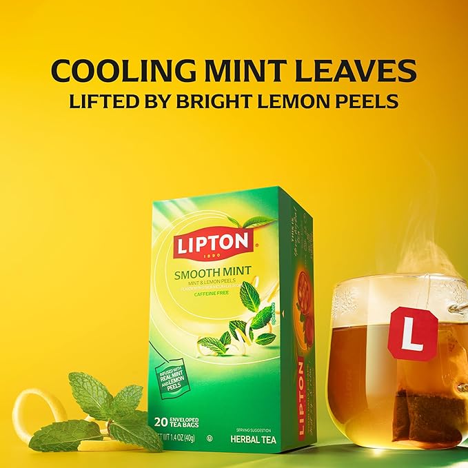 Lipton Smooth Mint with Lemon Peels Tea Bags, Caffeine Free Tea, Fruit and Herbal Tea, Individually Wrapped, 80 Total tea Bags (20ct - Pack of 4)