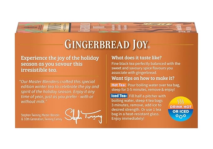 Twinings Gingerbread Joy Black Tea Individually Wrapped Bags, 20 Count (Pack of 3), Ginger & Cinnamon, Caffeinated, Enjoy Hot or Iced | Packaging May Vary