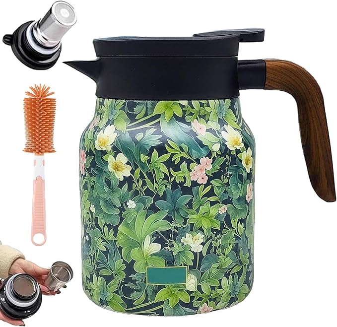 Vintage Floral Pattern Teapot – Built-In Infuser, 800ML/1000ML Heatproof Stainless Steel Teapot with Lid for Hot Drinks (Green, 1000ml-Wooden handle)