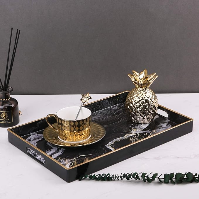 Zosenley Decorative Tray, Marbling Plastic Tray with Handles, Rectangular Vanity Tray and Serving Tray for Bathroom, Kitchen, Ottoman and Coffee Table, 15.6” x 10.2”, Black