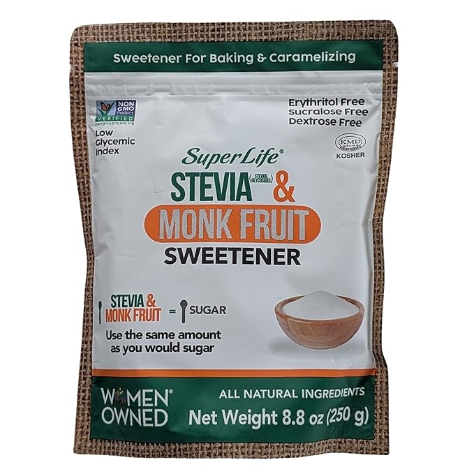 Super Life Stevia & Monk Fruit Sweetener – Low-Glycemic Index, Erythritol-Free Sugar Alternative for Baking, Beverages & Caramelizing | Non-GMO, Low-Calorie, Keto Diet Friendly – 8.8oz / 250g