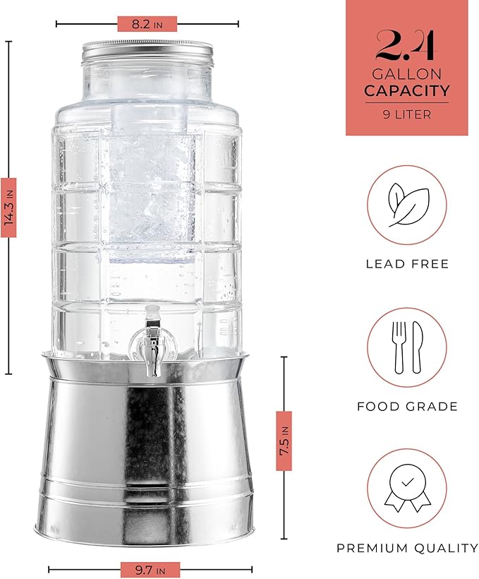 Style Setter Patchwork Beverage Dispenser Cold Drink Dispenser w/ 2.4-Gallon Capacity Glass Jug, Ice Insert, Fruit Infuser, Galvanized Base, Leak Proof Spigot Great for Parties Weddings