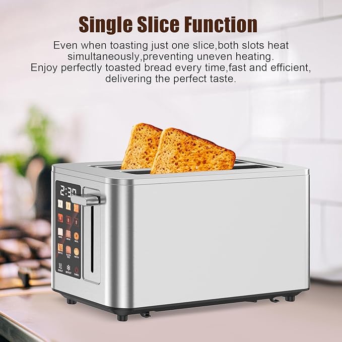 Touch Screen Toaster 4 Slice, 4 Bread Types, 4 Shade Settings, LCD Display, Extra Wide 1.5" Slots, Memory Function, 1400W，16.54 * 8.66 * 7.48inch