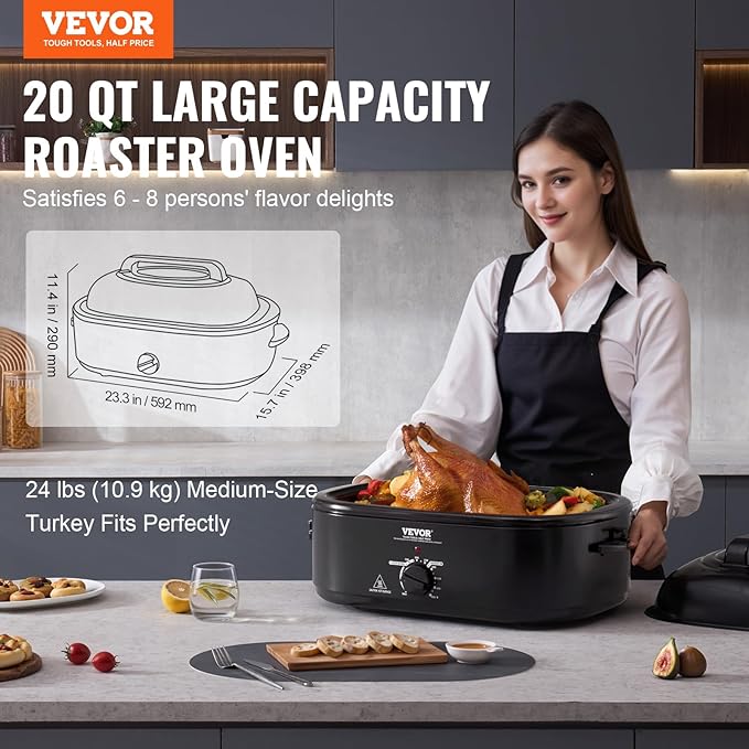 VEVOR Electric Roaster Oven, 20 QT Turkey Roaster with Self-Basting Lid, 1450W Roaster with Defrost & Warm Function, Adjustable Temperature, Removable Pan & Rack, Fits Turkeys Up to 24LBS