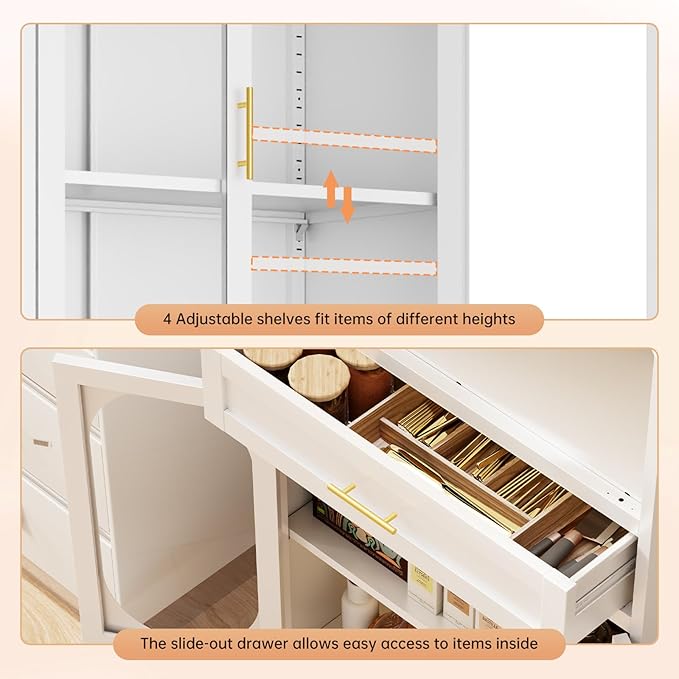 75" Tall Kitchen Pantry Cabinet,Metal Storage Cabinets with 4 Glass Doors and 1 Drawer,Freestanding Display Cupboard for Dining Room,Living Room,Hallway,Bathroom,White