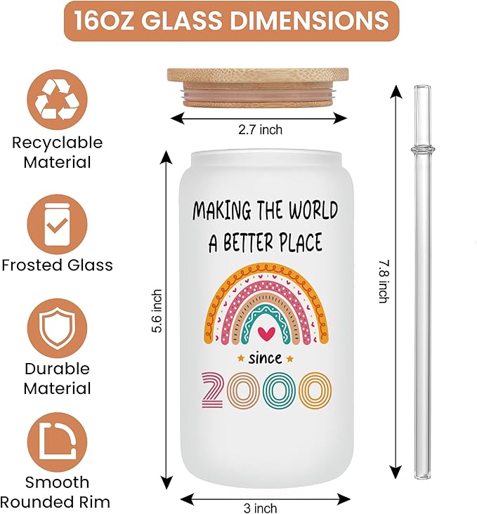 Vivulla68 25th Birthday Gifts For Her Him - Gift For 25 Year Old Female - Gifts For 25 year Old Woman Man - 25th Birthday Gifts Ideas - 25th Frosted Glass With Lid And Straw