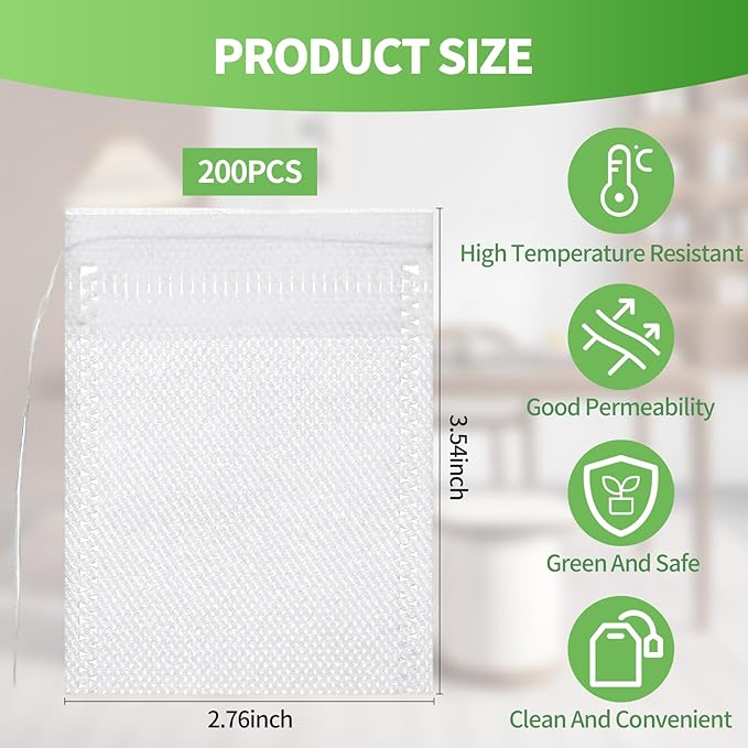 200PCS Tea Filter Bags,Empty Tea Bags for Loose Leaf Tea,Natural food grade non-woven fabric,Disposable Tea Filter Bags,Perfect for Tea, Coffee, Spices, and More (3.54 x 2.75 Inch)