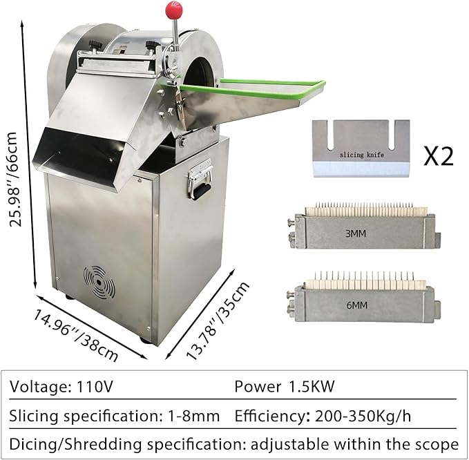 110V Commercial Vegetable Slicer, Adjustable Thickness 0.04-0.30’’, Electric Vegetable Chopper with Output 441-772 Lbs/h, Potatoes Onions Shredder, Stainless Steel