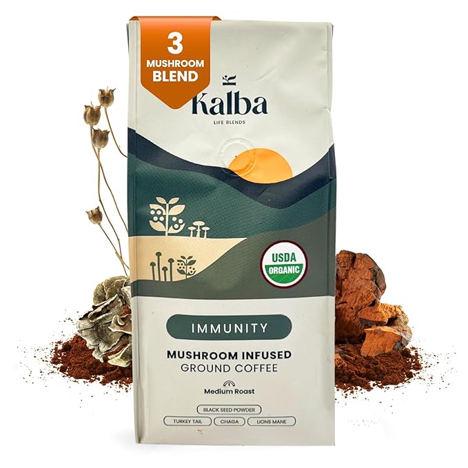 Kalba Organic Mushroom Coffee Grounds, Medium Roast 10 oz | Arabica Coffee with Lion's mane, Chaga, Turkey Tail, & Nigella Seed for Energy Boost & Immunity