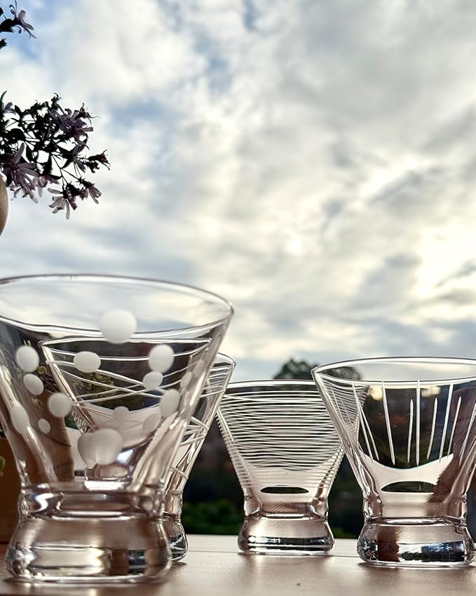 Etched Martini Glasses Set of 4 - Crystal Cocktail Glasses, Stemless Martini Glass for Bar, Martini, Cosmopolitan, Manhattan, Gimlet, Pisco Sour Brandy, Margarita Glasses, Dessert Cups, 8oz
