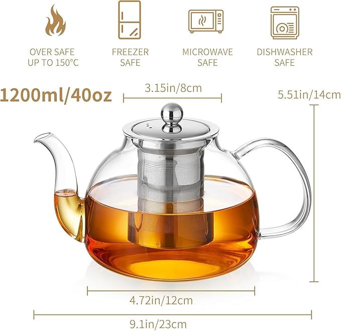24 Pack 40OZ (1200ML) Glass Teapot with Infuser Stovetop Safe, Clear Glass Tea Pot Kettle, Borosilicate Tea Pot with Infusers Filter for Loose Tea, Tea Kettle Dishwasher Safe
