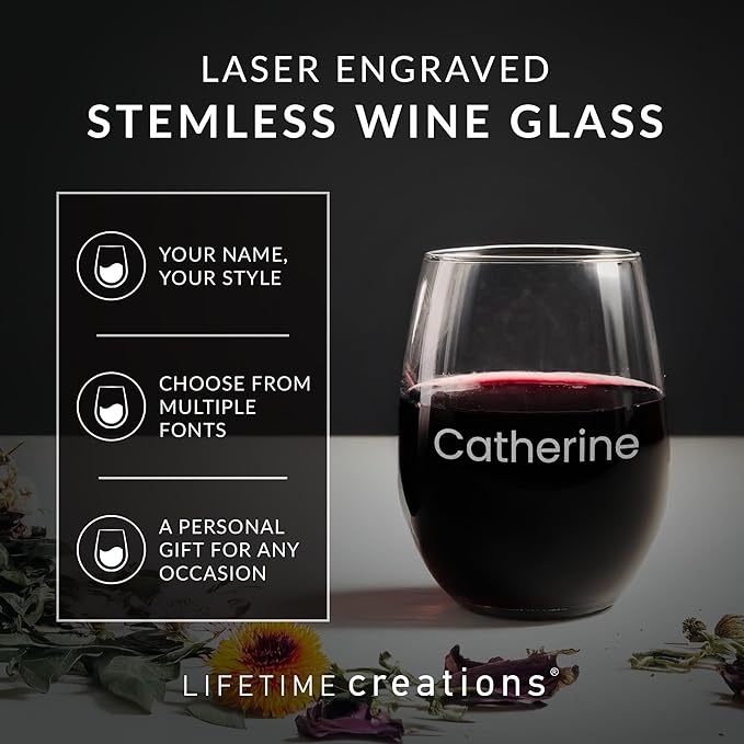 Lifetime Creations Personalized Stemless Wine Glass with Engraved Name - Bachelorette Party Favors, Bridesmaid Proposal Gift Glasses for Her, Made in USA (Holds 21 oz)