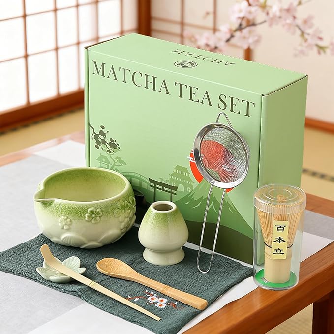 8 PCS Matcha Whisk Set, Green Matcha Kit Set WithCherry Blossom Embossed Pattern Includes Bowl with Spout, Bamboo Whisk, Ceramic Holder, Bamboo Scoop x2, Scoop Rest, Stainless Sifter and Tea Towel