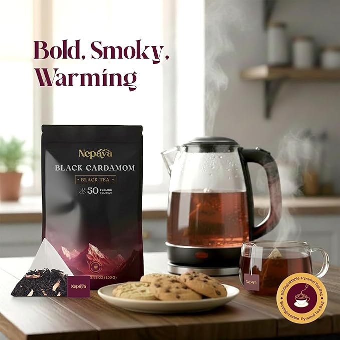 Nepaya Black Cardamom Black Tea – 50 Pyramid Tea Bags, Robust & Smoky, High Caffeine, Biodegradable, Himalayan Whole-Leaf, Coffee Replacement