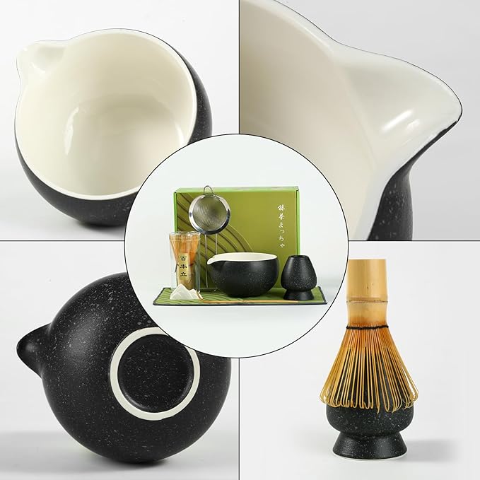 Matcha Whisk Set, Ceramic Matcha Bowl with Spout, Bamboo Whisk, Scoop, Sifter, Holder, Tea Towel, 7-Piece Matcha Kit for Making Breakfast/Latte