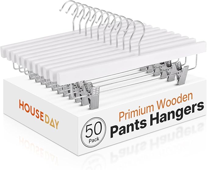 HOUSE DAY Premium Wooden Pants Skirts Hangers, Solid Wood Trousers Bottom Hanger with 2-Adjustable Clips, Clip Hangers for Slacks, Jeans, Shorts (White, Pack of 50)