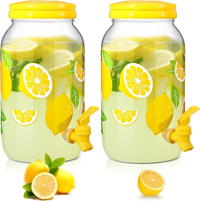 Havawish 2 Pcs 1 Gallon Plastic Beverage Dispenser with Spigot Clear Summer Kitchen Fridge Drink Dispenser for Parties Lemonade Juice Tea Beer Cold Water(Yellow,Circular Column)