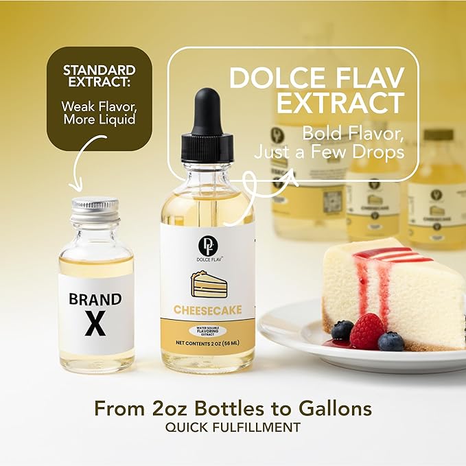 Dolce Flav Cheesecake Extract – 2 Ounce Water-Soluble Kosher, Sugar-Free, Concentrated Creamy Flavor for Desserts, Frostings & Pastries, Includes Measured Dropper