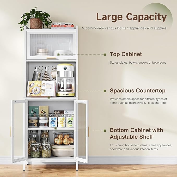 Letaya Metal Kitchen Pantry Cabinet,72.6" Tall Kitchen Bakers Rack with Storage, Coffee Hutch with countertop,Metal Microwave Stand with Glass Doors for Dining Room, Laundry, Hallway,White