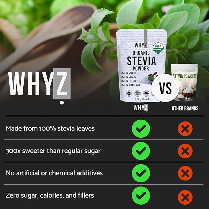 WHYZ Organic Stevia Powder, 1621 Servings, Premium Zero Calorie Sweetener - Powdered Pure Stevia Extract, Natural Sweetener Powder for Baking - No Aftertaste, Non-GMO, Keto Friendly- 8 oz