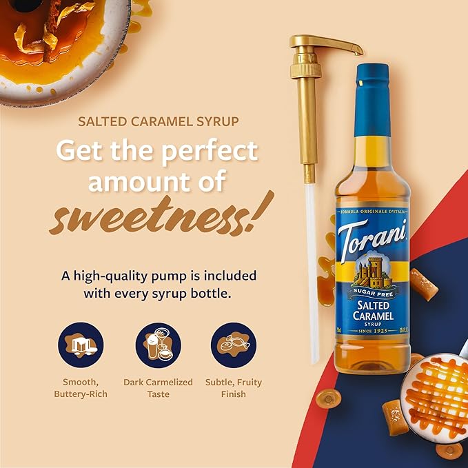 Torani Sugar Free Coffee Syrup, Salted Caramel Flavored Syrup for Drinks, Zero Calorie, Pump Included, 25.4 Fl Oz