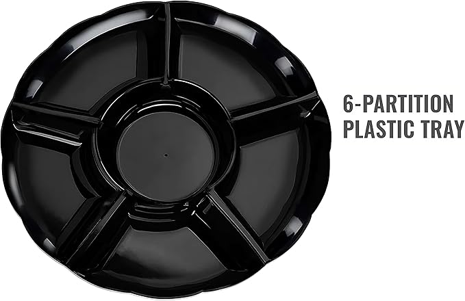 Elegant 14" Black 6-Section Round Disposable Plastic Trays for Serving Fruit, Ice Cream and More - 16 Pcs Serving Trays Ideal for Parties, Weddings, Baby Showers and Decorations