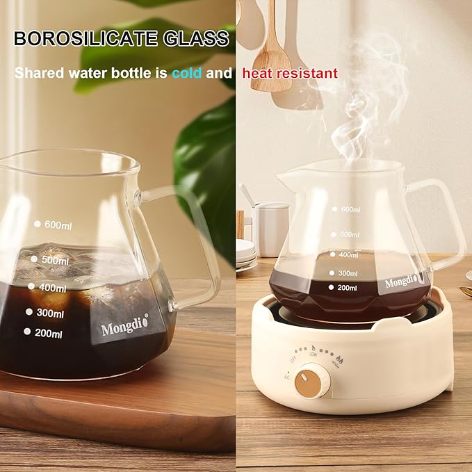 Mongdio Pour Over Coffee Maker, 20 oz High-Heat Borosilicate Glass Coffee Maker with 100pcs Paper Filters, 5 in 1 Drip Coffee Maker Set for Home Café Restaurant and Camping - 600ml, Clear