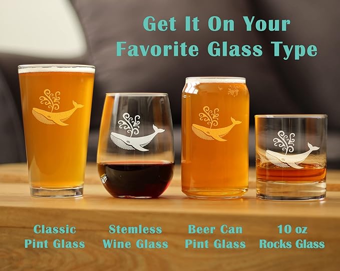 Whale Pint Glass for Beer - Beach Themed Decor and Gifts for Whale Lovers - 16 Oz Glasses