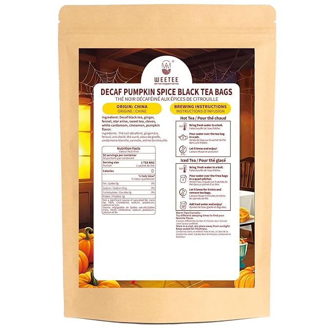 WT WEETEE Decaf Pumpkin Spice Tea, 50 Count Decaffeinated Black Tea Bags with Pumpkin Spice Chai Flavor, Warm, Spicy & Aromatic, Holiday and Fall | Halloween Tea