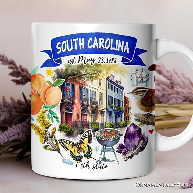 OrnamentallyYou State Travel Landmark Mugs – 12 oz Ceramic Coffee Cups, U.S. Souvenir Gift for Tourists (Artistic South Carolina State Themes and Landmarks Mug)
