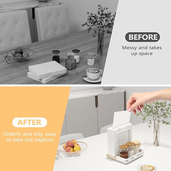 Napkin Holder, Wood Metal Napkin Holder for Table with Salt and Pepper Shakers Caddy, Standing Paper Napkin Dispenser for Kitchen Dining Countertop Decor, Wood & Metal Base, White