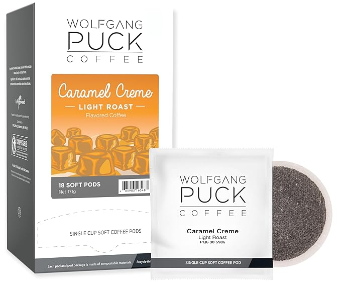 Wolfgang Puck Coffee, Caramel Cream, 9.5 Gram Soft Pods, 18 Count (Pack of 6)