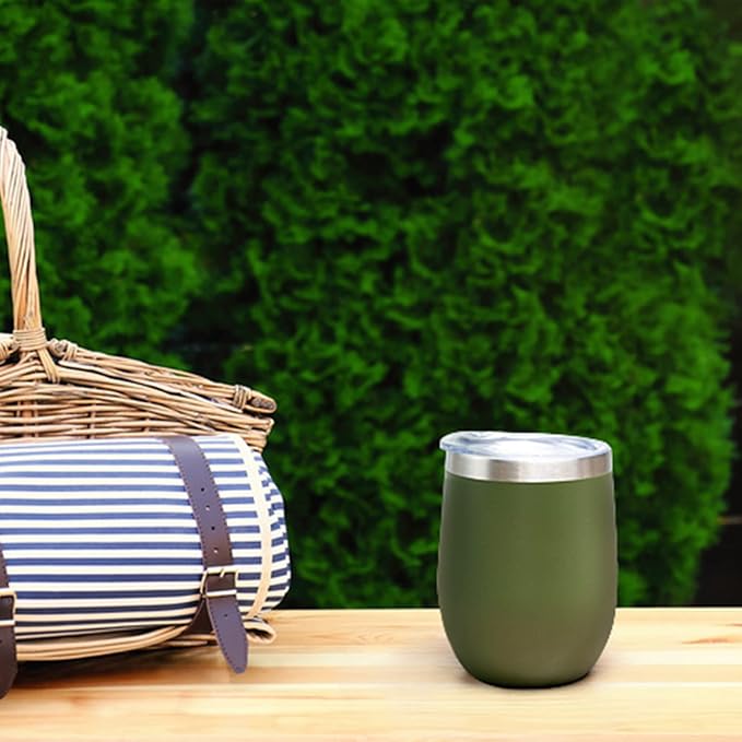 12 oz Insulated Wine Tumbler with Lid and Straw,Stainless Steel Stemless Wine Tumbler Glasses Double Wall Vacuum Wine Cups Tumbler for Coffee,Cocktail,Office（Navy Green,1）