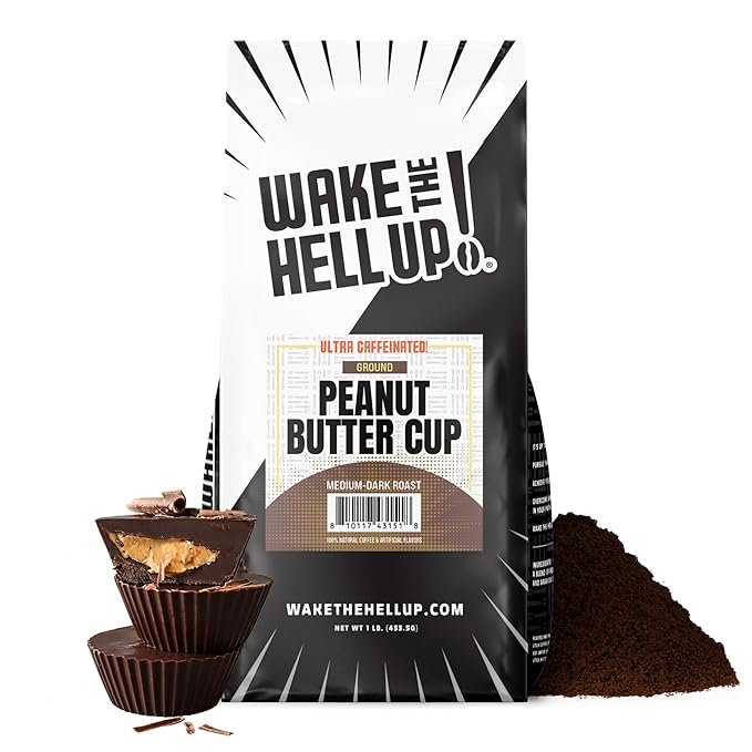 Wake The Hell Up! 1lb Ultra-Caffeinated Peanut Butter Cup Ground Coffee, Low Acid, Medium-Dark Roast