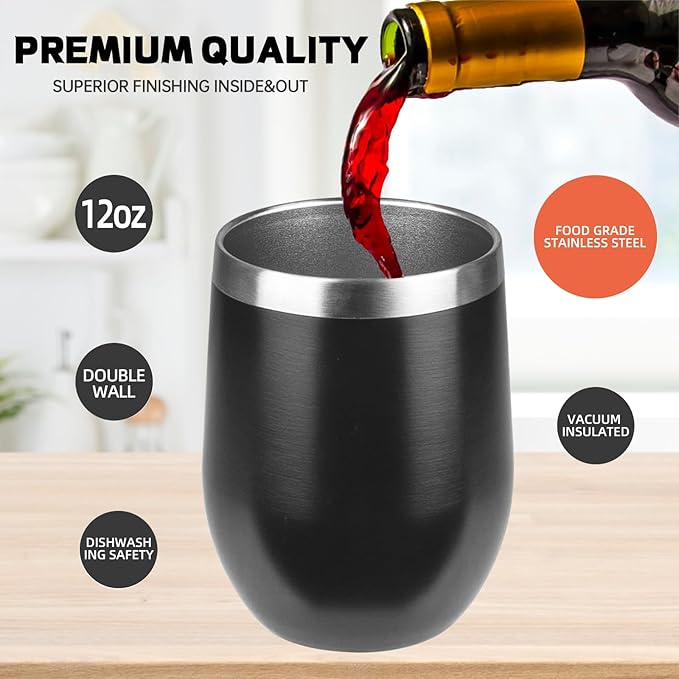 StarSpeed 12oz/12 Pack Wine Tumbler with lid, Stainless Steel Travel Mugs Stemless Double Wall Insulated Coffee Cup, Insulated Wine Glasses Travel Tumbler for Cold & Hot Drinks(Black, 12)