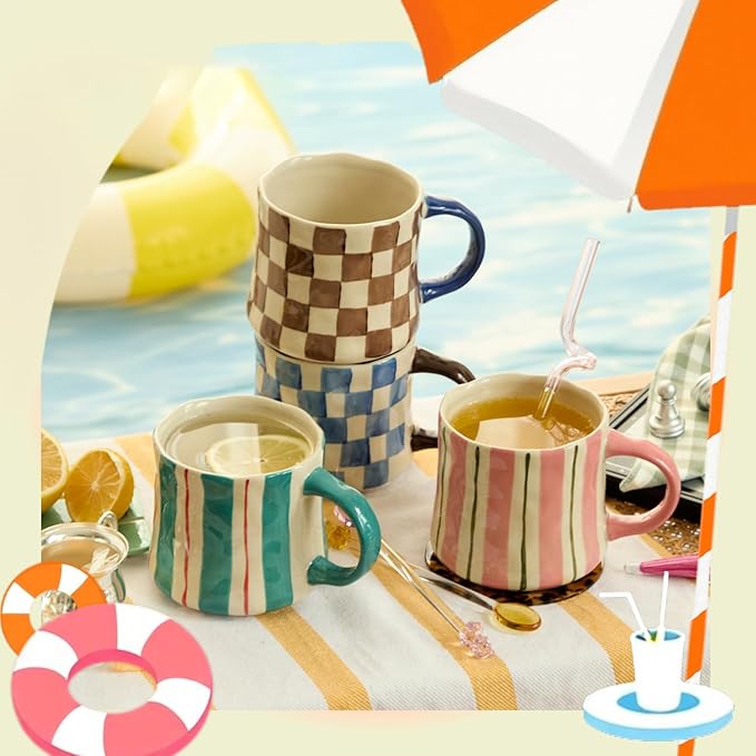 Retro Checkered Ceramic Coffee Mug 16Oz - Extra Large Handle, Microwave Safe Vintage Patterned Tea Cup for Home-4pack