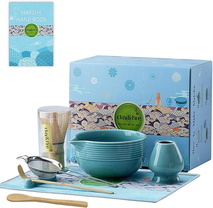 Clay&Fire Matcha Whisk Set, Ceramic Matcha Set, Matcha Bowl with Spout and Whisk, 9 pcs Matcha Tea Kit for Matcha Lovers, Ideal Gift Christmas, Birthday (Blue)