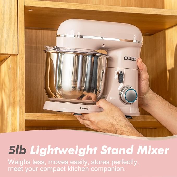 Kitchen in the Box Stand Mixer, 3.5 QT Small Kitchen Electric Stand Mixers, 10-Speed Portable Lightweight Dough Mixer for Daily Use with Egg Whisk, Dough Hook, Beater (Light Pink)