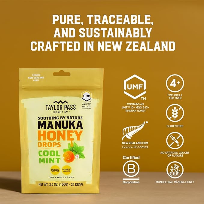 Taylor Pass Honey Co Mānuka Honey Drops UMF™ 10+ | Cool Mint | Mānuka Honey Lozenges | Soothing Natural Manuka On-the-Go | 22 Individually Wrapped Drops | Made in New Zealand