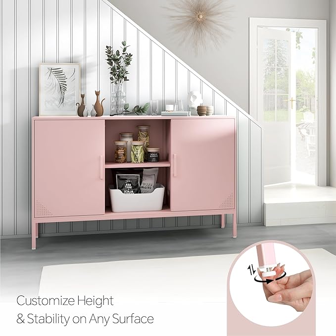 Metal TV Cabinet with Doors and Shelves Modern Metal Storage Cabinet Coffee Bar TV Stand 2 Door Locker for Office Living Room Kitchen (Pink, 47.24" D x 13.78" W x 29.53" H)