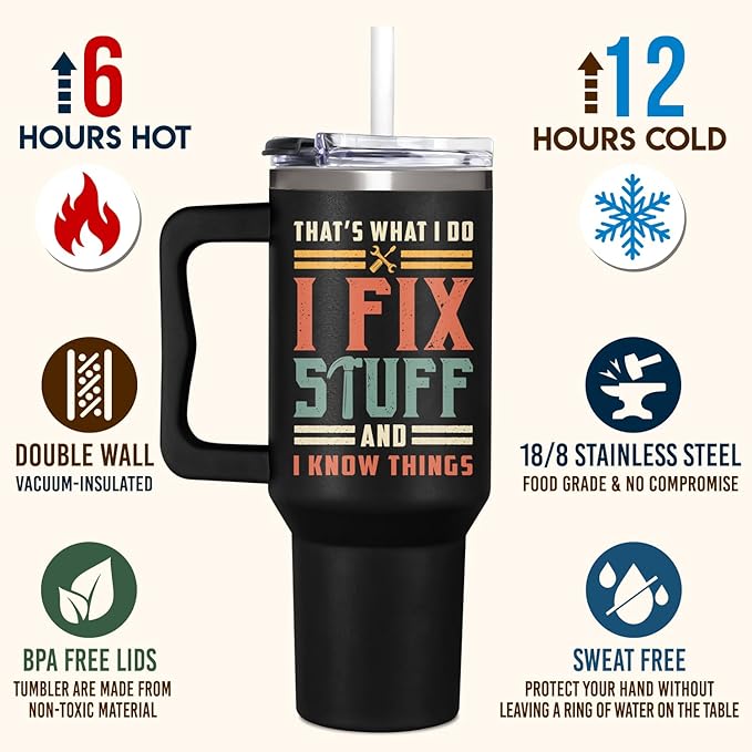 Christmas, Father Day Gifts For Dad, Men - Dad Gifts From Daughter, Son - I Fix Stuff Gift - 40 oz Tumbler with Handle, Lid and Straw Insulated