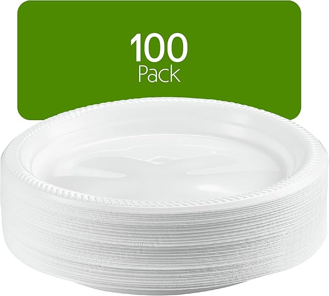 PLASTICPRO 100 PCS White Plastic Round 9 Inch Plastic plates Premium Quality Light Weight Disposable Dishes Dinner Plates for Parties Weddings
