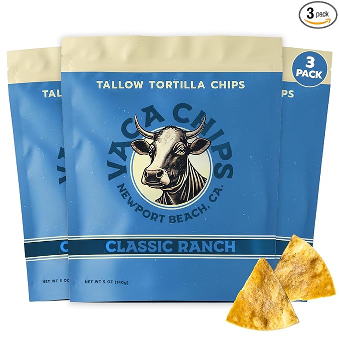 Vaca Chips – Beef Tallow Tortilla Chips, Classic Ranch Flavor – 3 Pack of 5 oz Bags – Seed Oil Free Snack Made with Organic Corn & Clean Ingredients – Gluten Free, No Preservatives, Cooked in Beef Tallow