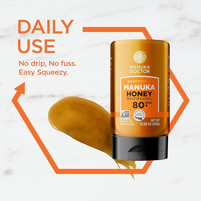 Manuka Doctor - MGO 80+ Squeezy Manuka Honey Multifloral, 100% Pure New Zealand Honey. Certified. Guaranteed. Raw. Non-GMO (10.58 oz)
