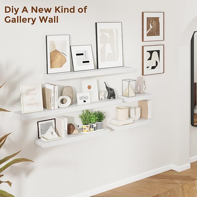 Heimlove 24 Inch Floating Shelves for Wall White Shelves Set of 2,Wall Mounted Rustic Wood 8 Inch Deep Floating Shelf with Invisible Brackets for Bedroom Kitchen Living Room