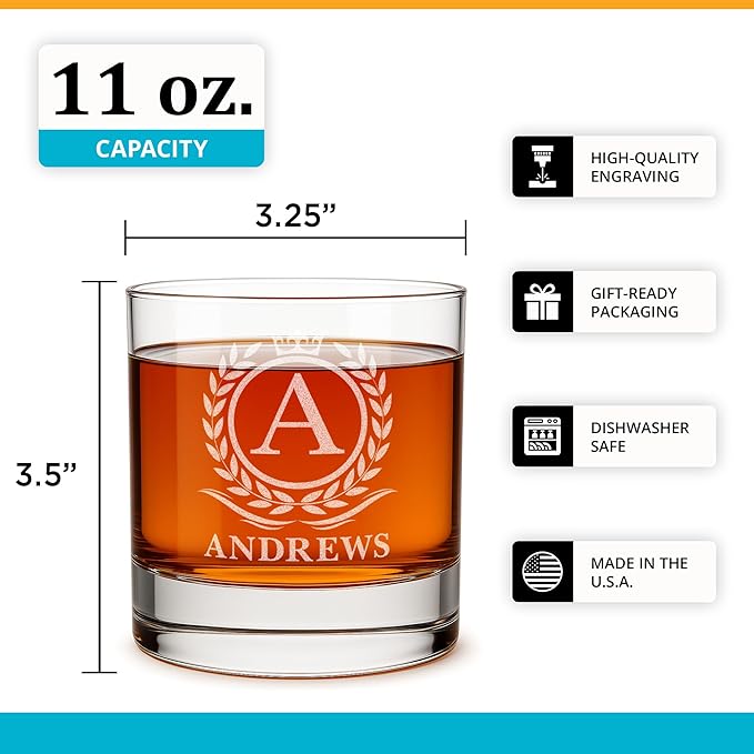 Personalized Whiskey & Bourbon Glass - 11 oz Engraved Name Monogram - Custom Cocktail, Rocks, Brandy Glass by On The Rox Drinks