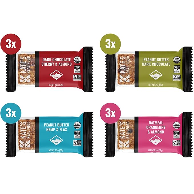 Kate’s Real Food Organic Granola Bars - Variety Pack (2.2 oz, Pack of 12) - Organic Energy Bars Made with Gluten Free Oats - Non GMO, Soy Free, Whole Grains, and All Natural